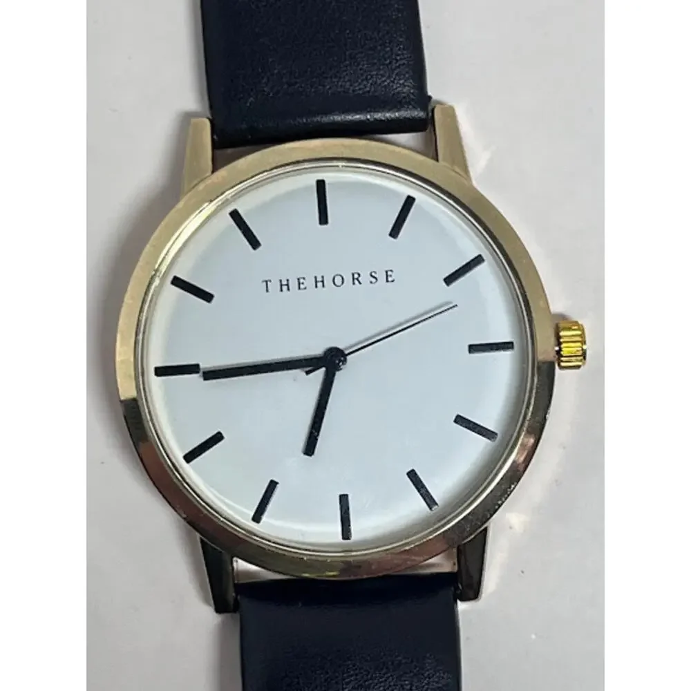 THEHORSE Gold Watch Quartz Black Leather Band ALL316L 3ATM Water Res Mens Formal